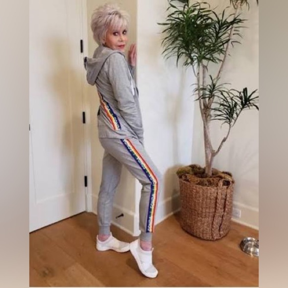Jane Fonda Sweatsuit Set with Rainbow Stripes